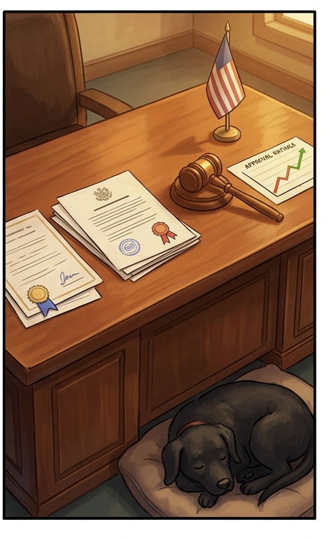 A polished governance desk with documents, a gavel, and a sleeping dog