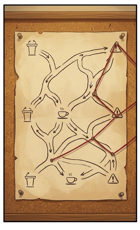 A branching campaign trail map pinned to a cork board with red string