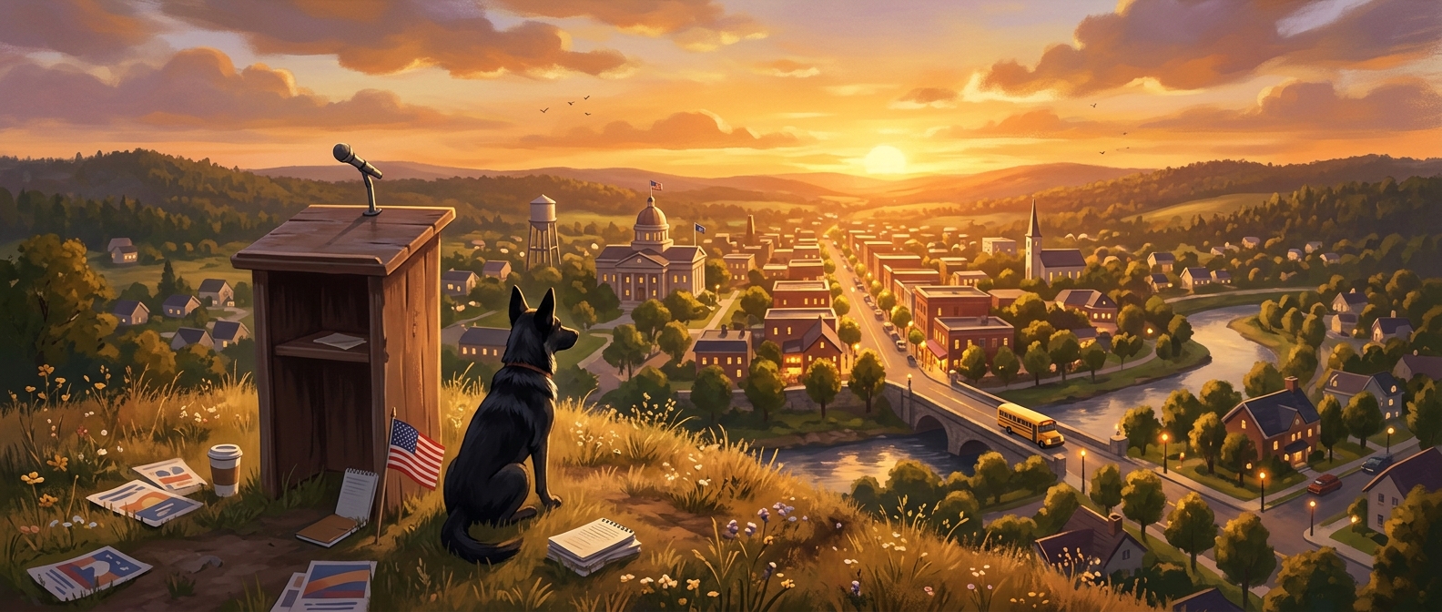 A small American town at golden hour, with a campaign podium and a loyal dog overlooking the community